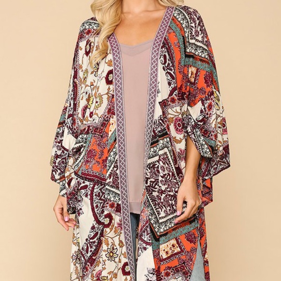 Vibrant border print ruffle sleeves kimono - Picture 7 of 8